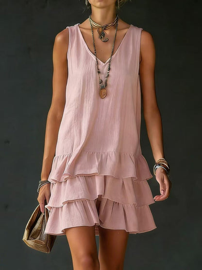 Loose Sleeveless Layered Solid Color V-Neck Mini Dresses
