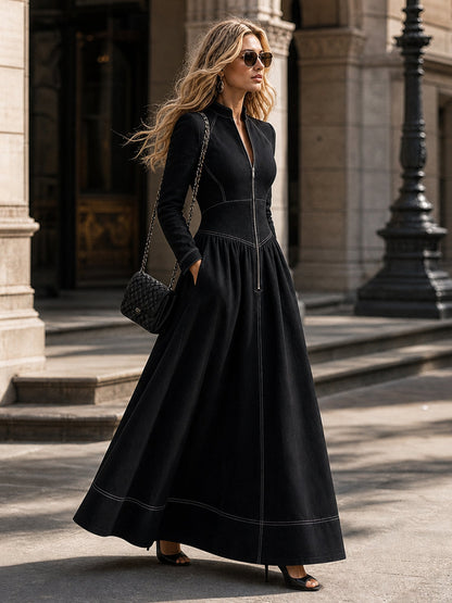 Zipper Split-Joint Pockets Pleated Contrast Color Long Sleeves High Waisted Mock Neck Maxi Dresses