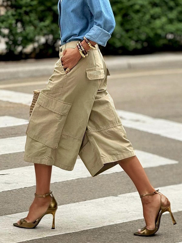 Loose Wide Leg Buttoned Pockets Solid Color Split-Joint Capri-Pants Cropped Trousers