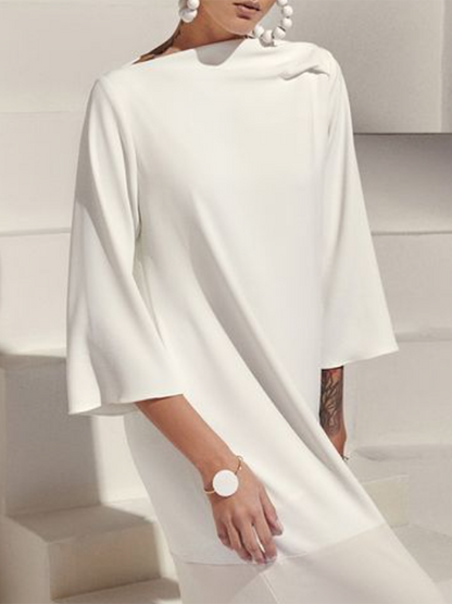 Robe longue ample à manches trois-quarts, couleur unie, fendue sur les côtés, col bateau 