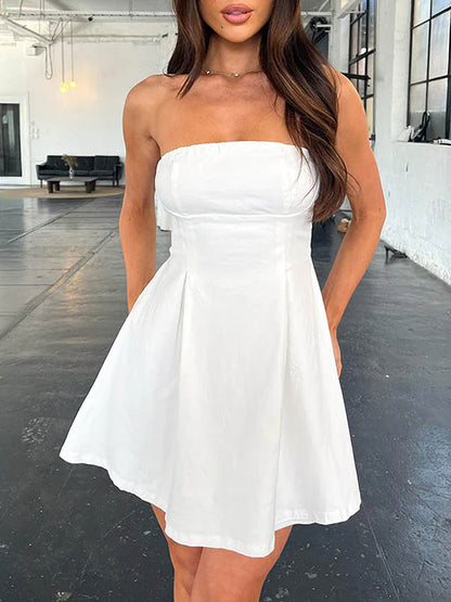 A-Line Loose Backless Pleated Solid Color Split-Joint Tied Tube Mini Dresses