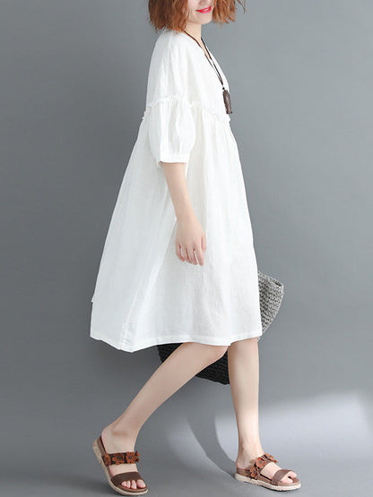 Künstlerisches Retro-Falbala-Midikleid in Volltonfarbe mit Falten 