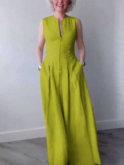 Robe longue trapèze ample à poches plissées, fermeture éclair fendue et col rond 