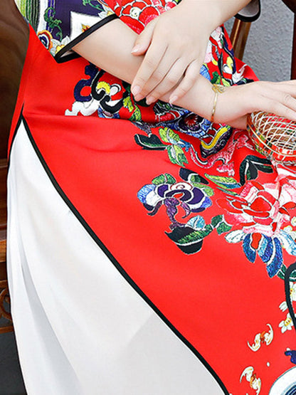 Red Split-Joint Seven-Quarter Sleeves Ao Dai Long Cheongsams