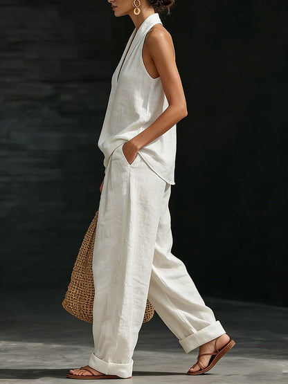 Loose Solid Color V-Neck Sleeveless Vest Top + Pockets Pants Trousers Two Pieces Set