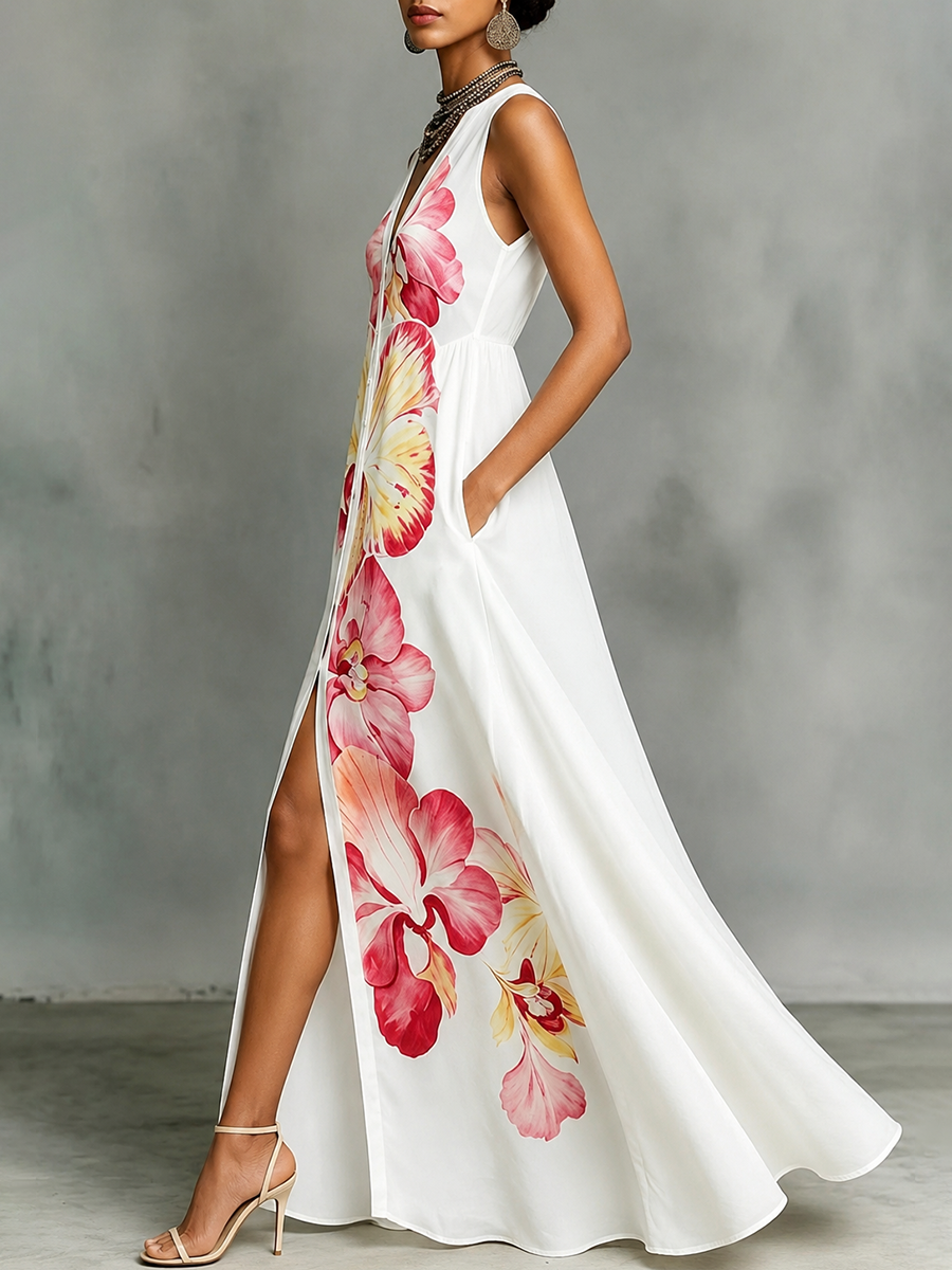 High Waisted Loose Buttoned Flower Print Pockets V-Neck Maxi Dresses
