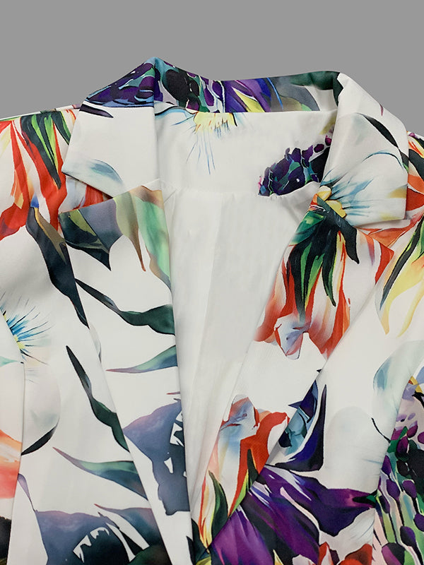 Long Sleeves Floral Printed Split-Joint Lapel Blazer Suit Outerwear