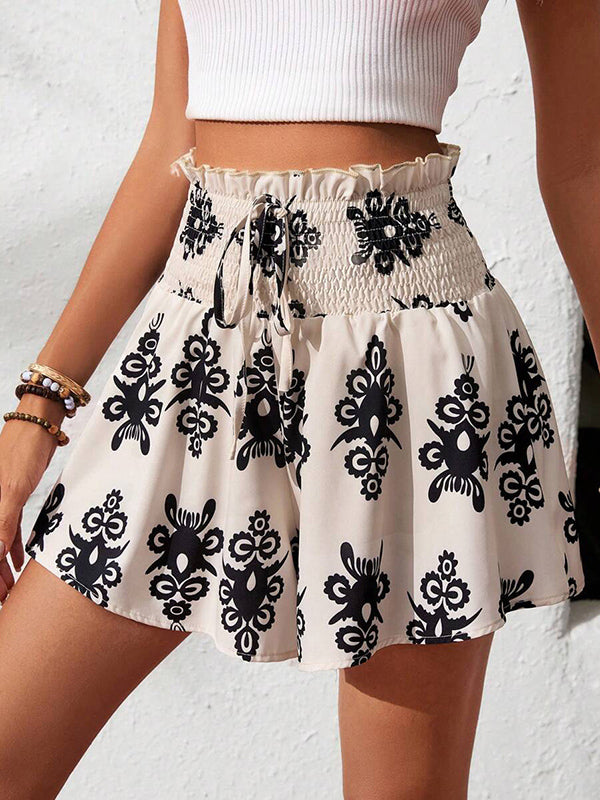 Wide Leg Drawstring Elasticity Printed Split-Joint Shorts