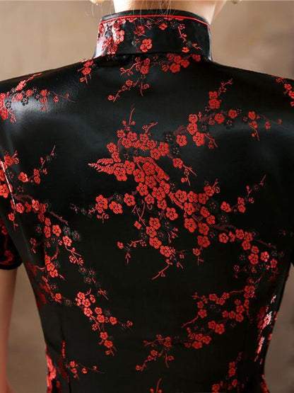 Black Red-flower Print Split-side Long Cheongsam
