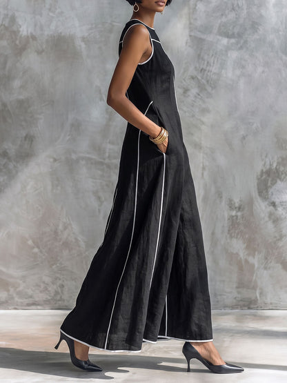 A-Line Loose Contrast Color Pockets Striped Round-Neck Maxi Dresses