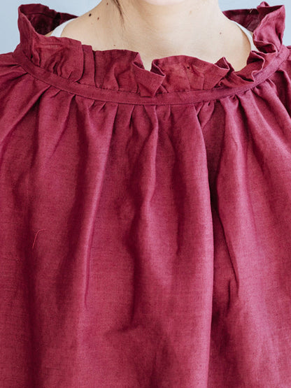 Half Sleeves Loose Ruffled Solid Color Round-Neck T-Shirts Tops