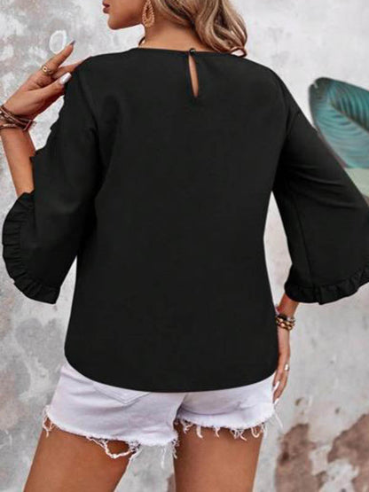 Loose Three-Quarter Sleeves Pleated Ruffled Solid Color Split-Joint Round-Neck Blouses&Shirts Tops