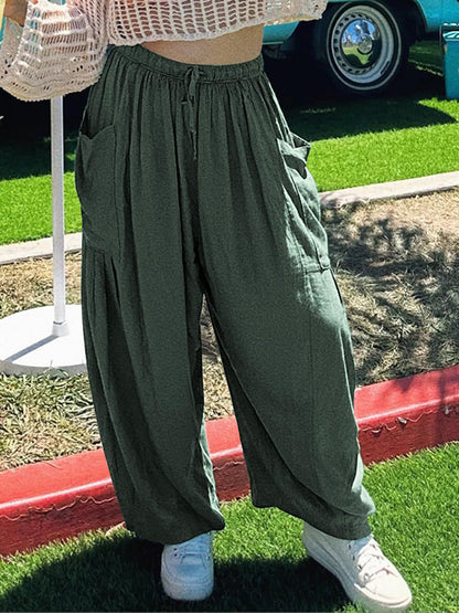 Pantalon taille haute ample avec cordon de serrage et poches plissées, couleur unie 