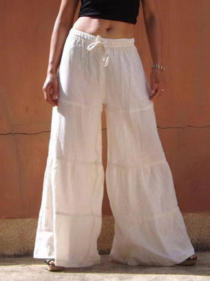 High Waisted Loose Drawstring Elasticity Pleated Solid Color Split-Joint Pants Trousers