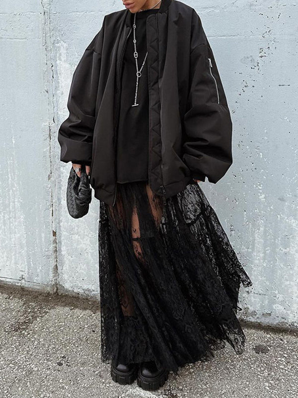 A-Line High Waisted Elasticity Hollow Jacquard Mesh See-Through Split-Joint Skirts Bottoms