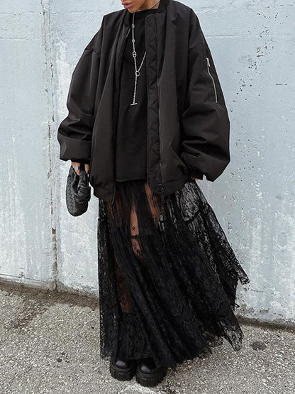 A-Line High Waisted Elasticity Hollow Jacquard Mesh See-Through Split-Joint Skirts Bottoms