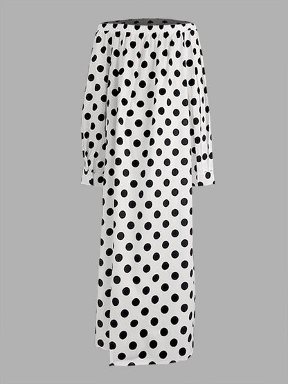 A-Line Long Sleeves Elasticity Polka-Dot Split-Joint Off-The-Shoulder Maxi Dresses