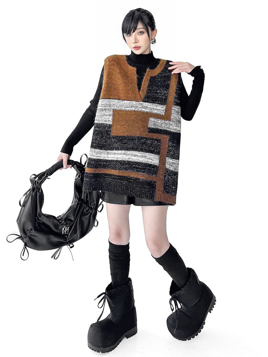 Loose Sleeveless Contrast Color Geometric Split-Joint Striped V-Neck Outerwear Vest Top
