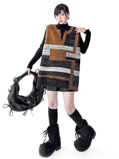 Loose Sleeveless Contrast Color Geometric Split-Joint Striped V-Neck Outerwear Vest Top