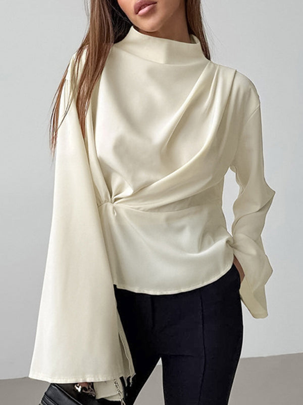 Flared Sleeves Long Sleeves Solid Color Twist Half Turtleneck Blouses&Shirts Tops