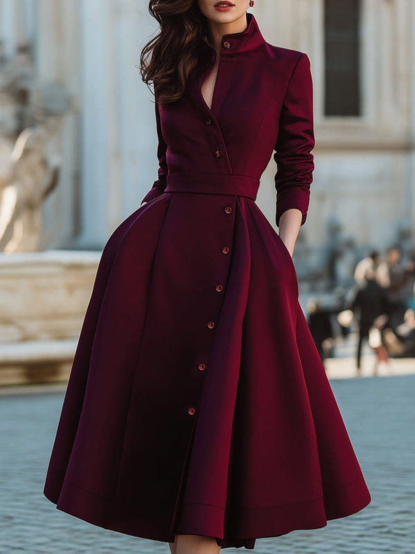 A-Line High Waisted Buttoned Pockets Solid Color Split-Joint Stand Collar Midi Dresses