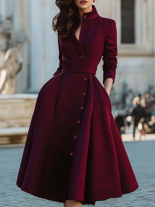 A-Line High Waisted Buttoned Pockets Solid Color Split-Joint Stand Collar Midi Dresses