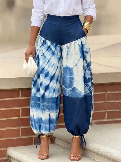 Split-Joint Printed Contrast Color High Waisted Trousers Ankle-Tied Pants