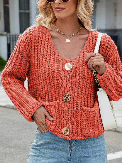 Solid Color Pockets Buttoned Sleeveless Loose V-neck Vest Outerwear