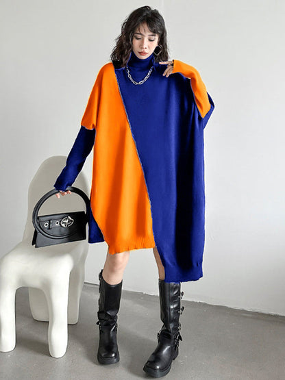 Batwing Sleeves Hipster Asymmetric Contrast Color Split-Joint High-Neck Midi Dresses Sweater Dresses