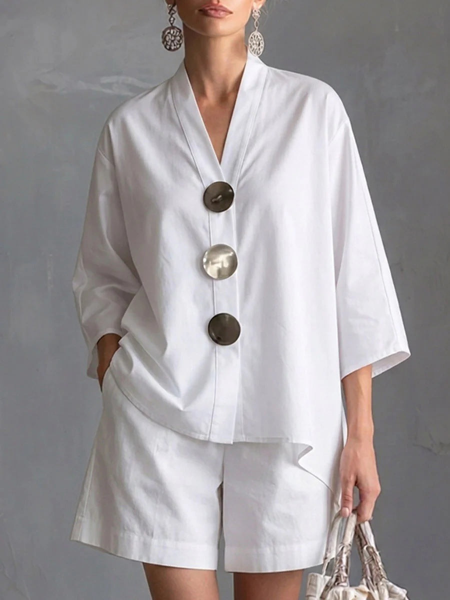 Loose Three-Quarter Sleeves Buttoned Pockets Solid Color V-Neck Blouse Top + Shorts Bottom Two Pieces Set