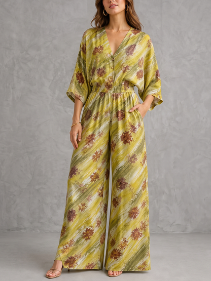 Printed Pockets Elasticity Buttoned Wide Leg High Waisted V-neck Jumpsuits