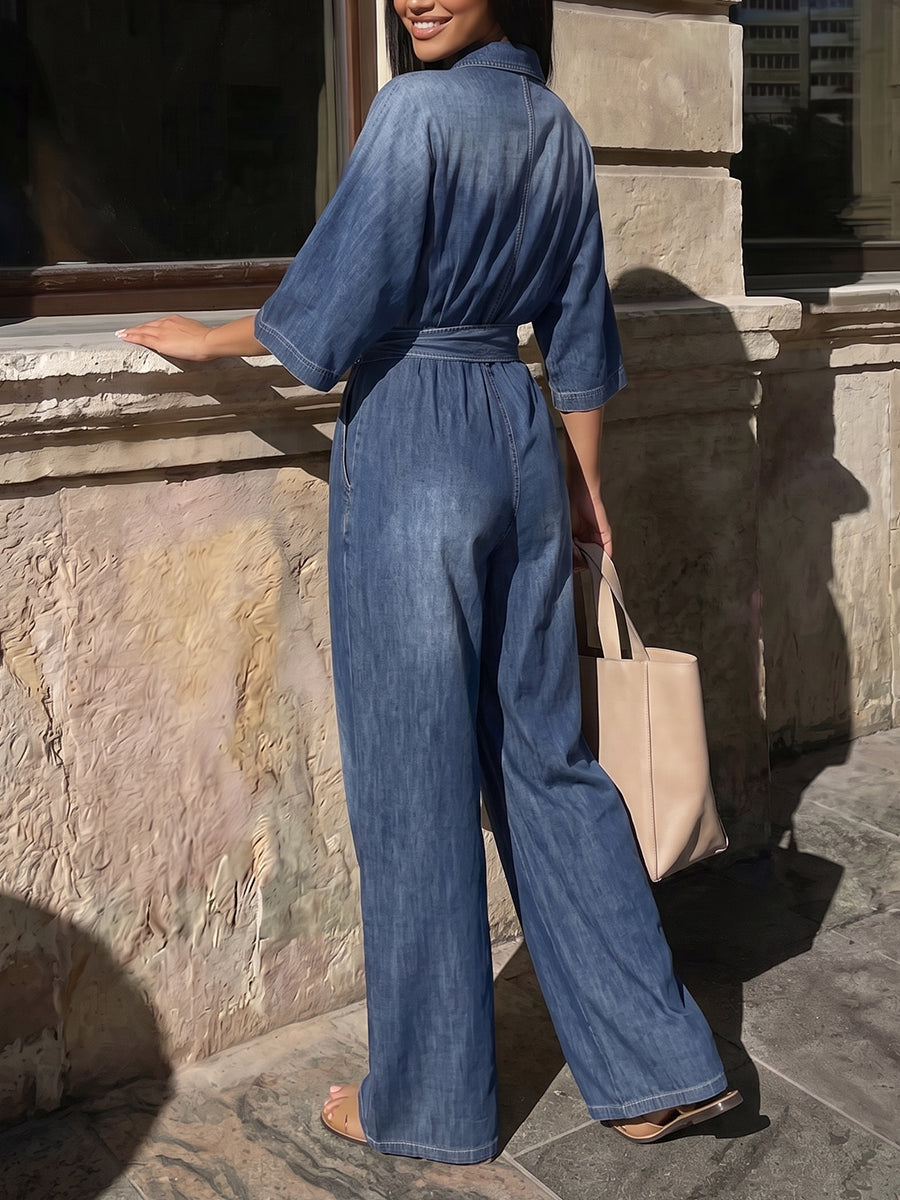 Tied Waist Pockets Gradient Buttoned Loose High Waisted Lapel Jumpsuits