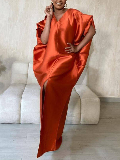 Half Sleeves Loose Elasticity Pleated Solid Color Split-Front V-Neck Maxi Dresses