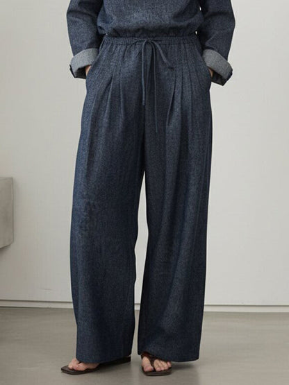 Loose Wide Leg Drawstring Pleated Pockets Solid Color Pants