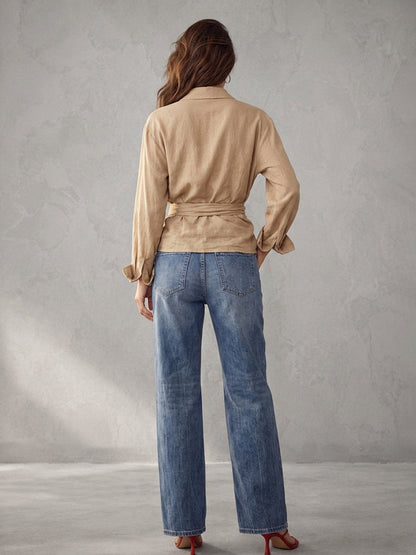 Long Sleeves Loose Buttoned Knot Solid Color Lapel Blouses&Shirts Tops