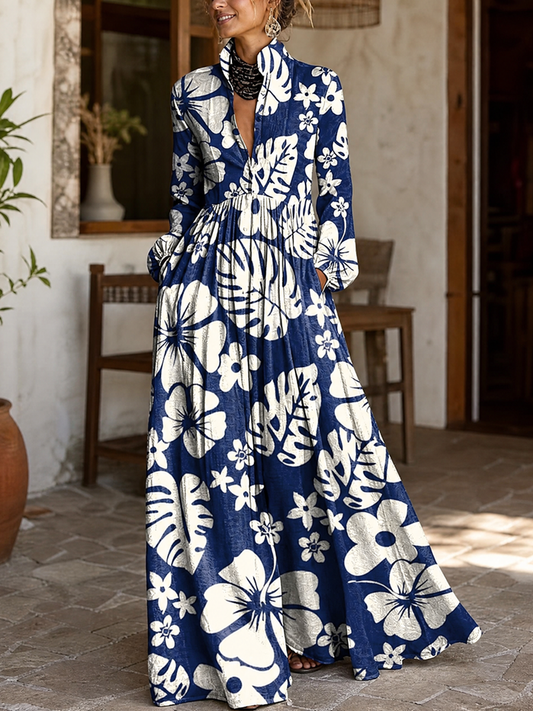 Split-Joint Pockets Pleated Leaves Print Flower Print Contrast Color Buttoned Plus Size Loose Stand Collar Maxi Dresses