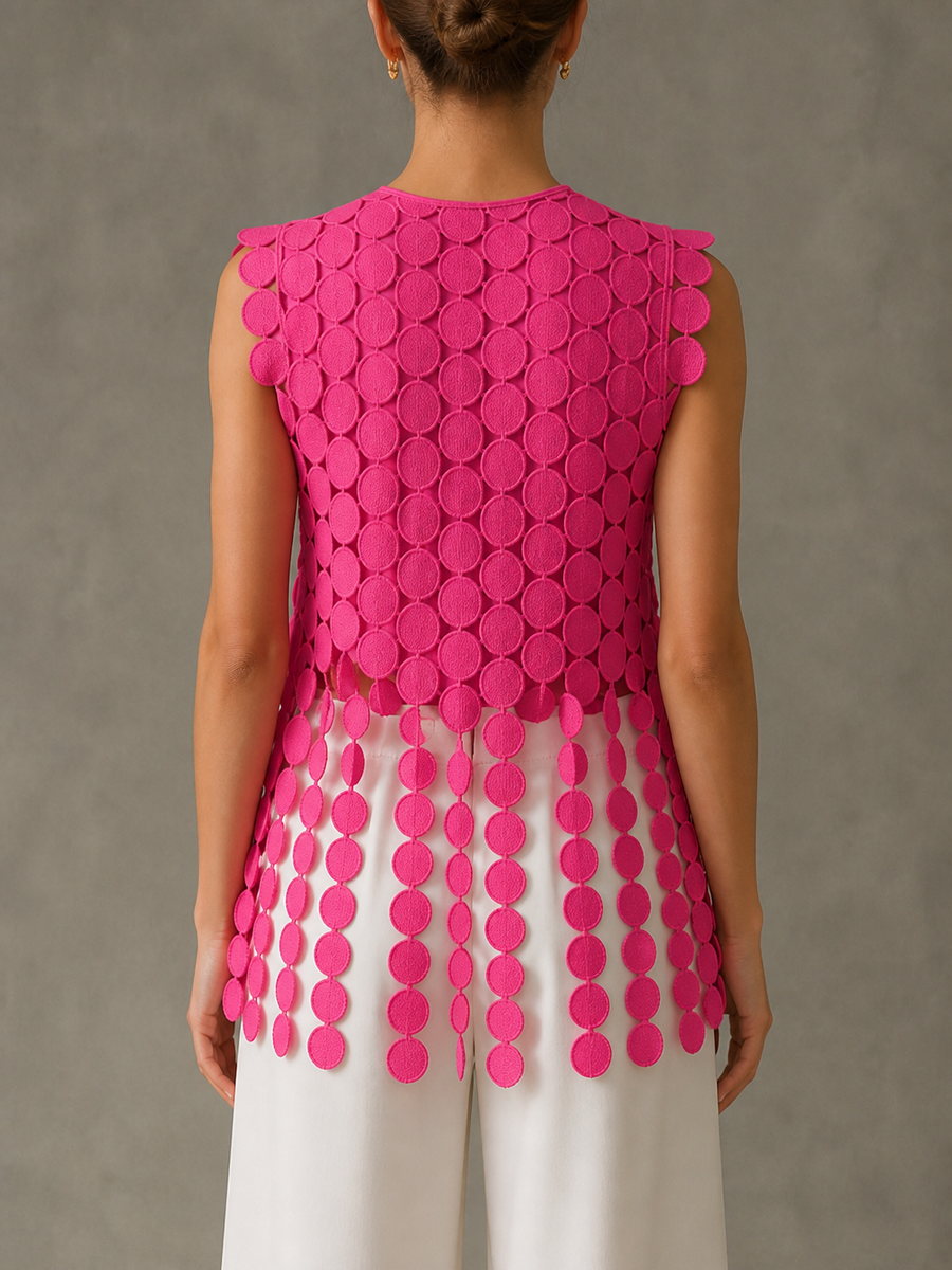 Tasseled Split-Joint Polka-Dot Hollow Sleeveless Loose Round-neck Blouses&shirts Tops