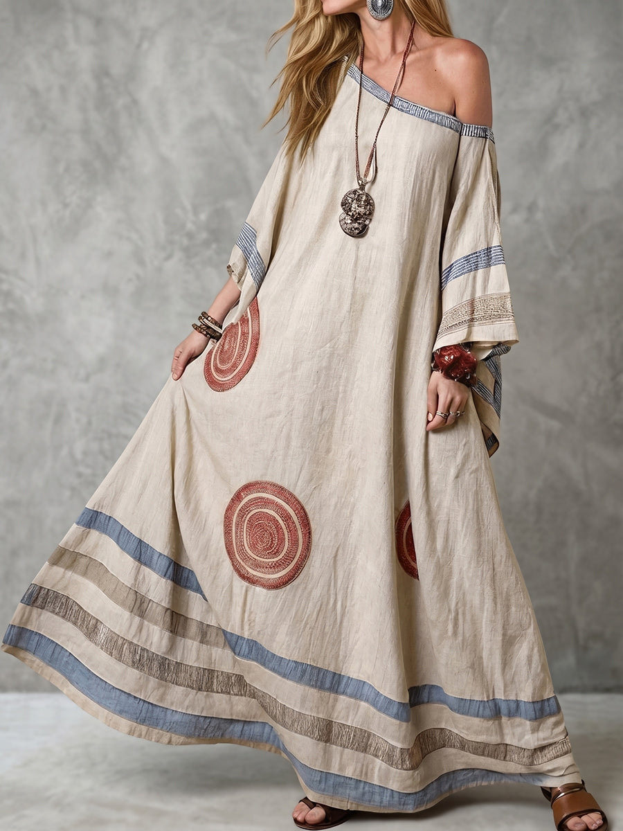 Batwing Sleeves Loose Contrast Color Printed Striped Asymmetric Neckline Maxi Dresses
