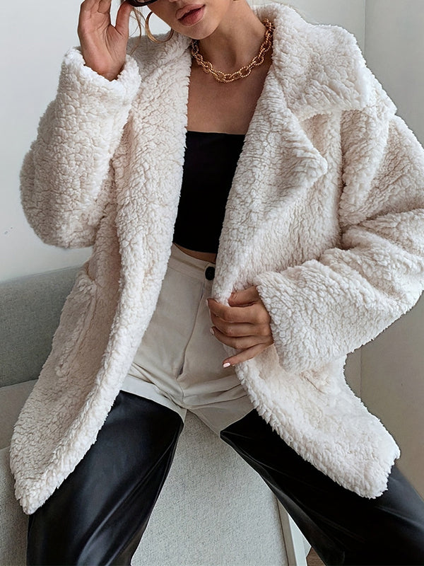 Manteau à manches longues, poches boutonnées amples, couleur unie, velours, col cranté 