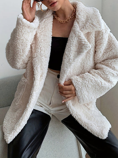 Manteau à manches longues, poches boutonnées amples, couleur unie, velours, col cranté 