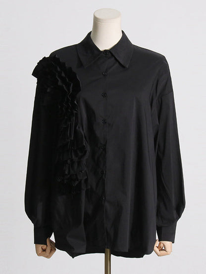 Long Sleeves Loose Asymmetric Buttoned Pleated Solid Color Split-Joint Three-Dimensional Flower Lapel Blouses&Shirts Tops
