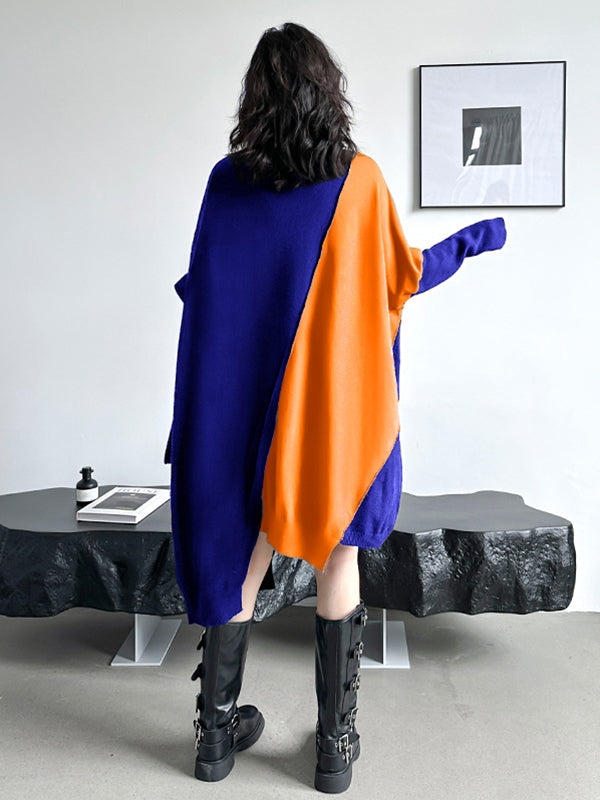 Batwing Sleeves Hipster Asymmetric Contrast Color Split-Joint High-Neck Midi Dresses Sweater Dresses
