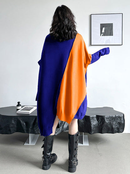 Batwing Sleeves Hipster Asymmetric Contrast Color Split-Joint High-Neck Midi Dresses Sweater Dresses