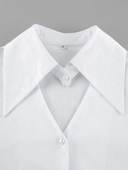 Flared Sleeves Long Sleeves Buttoned Hollow Pleated Solid Color Split-Joint Lapel Blouses&Shirts Tops