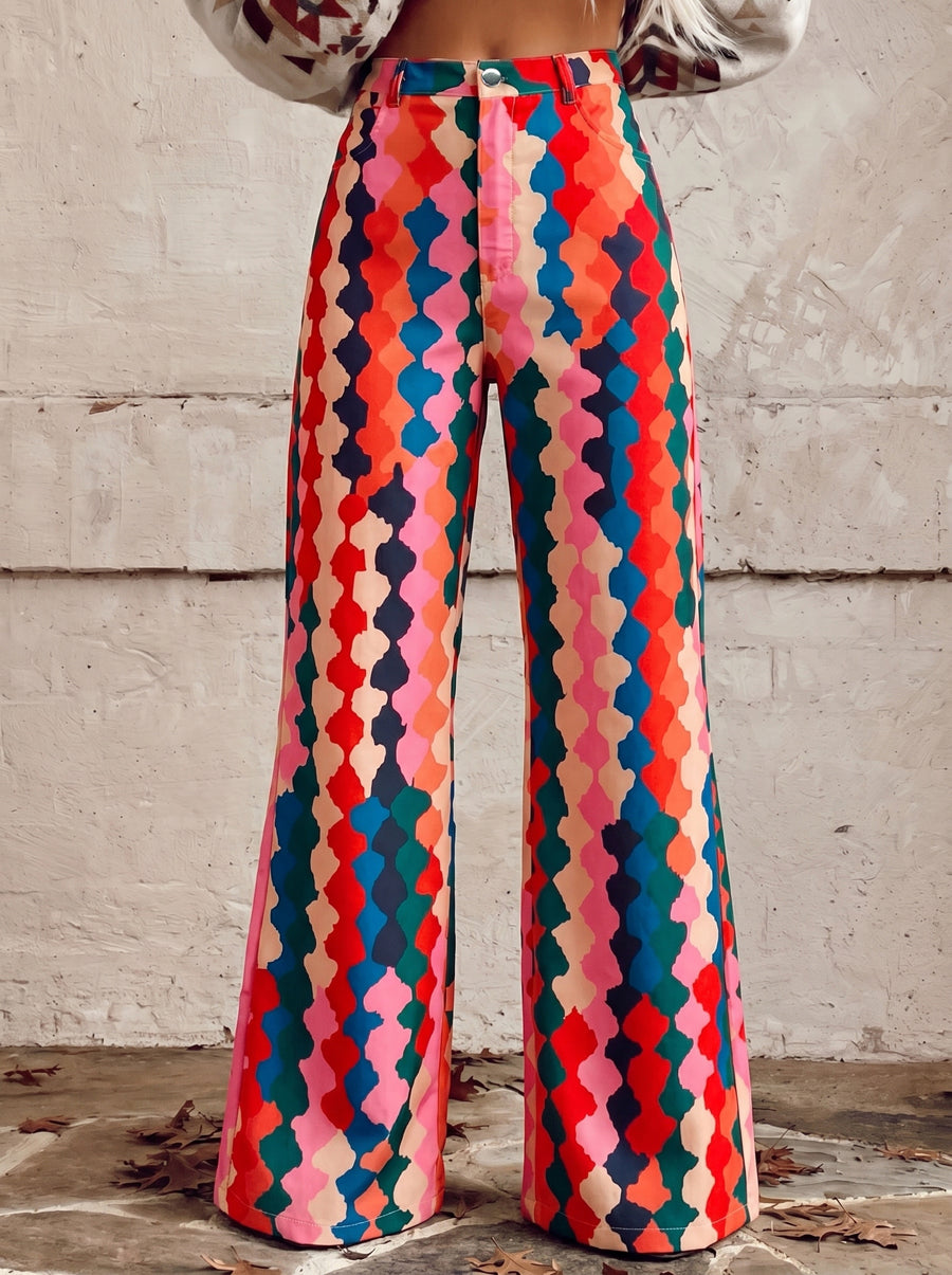 High Waisted Plus Size Buttoned Pockets Printed Pants Trousers