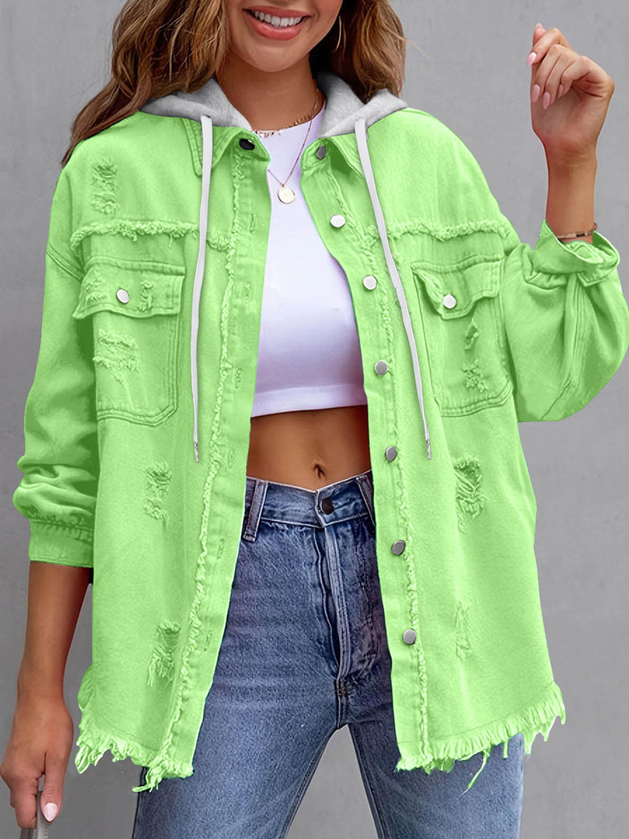 Split-Joint Pockets Fringed Buttoned Loose Long Sleeves Hooded Outerwear