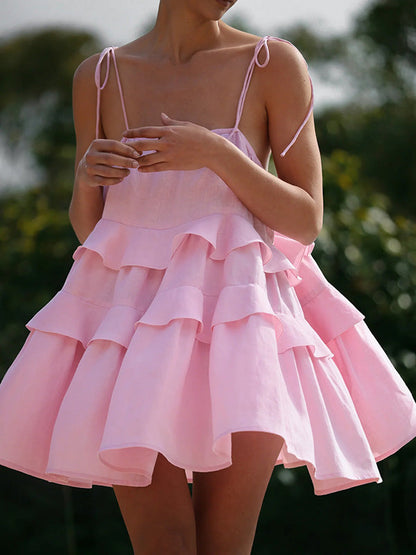 A-Line High Waisted Backless Layered Pleated Solid Color Spaghetti-Neck Mini Dresses