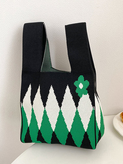 Knitted Flower Contrast Color Satchels Bags
