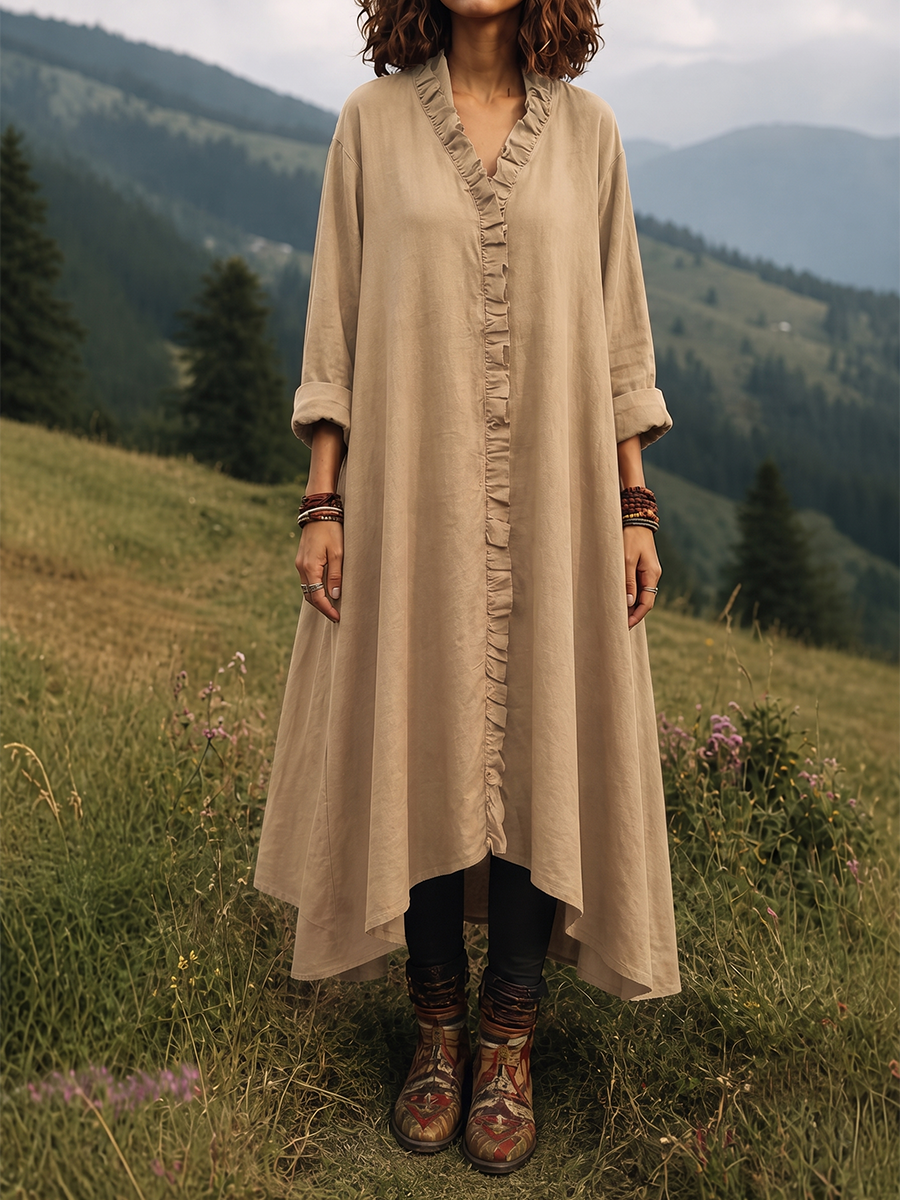 Split-Joint Solid Color Ruffled Loose Long Sleeves V-neck Midi Dresses