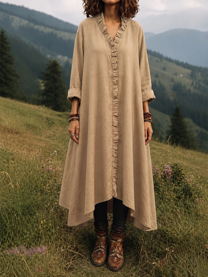 Split-Joint Solid Color Ruffled Loose Long Sleeves V-neck Midi Dresses